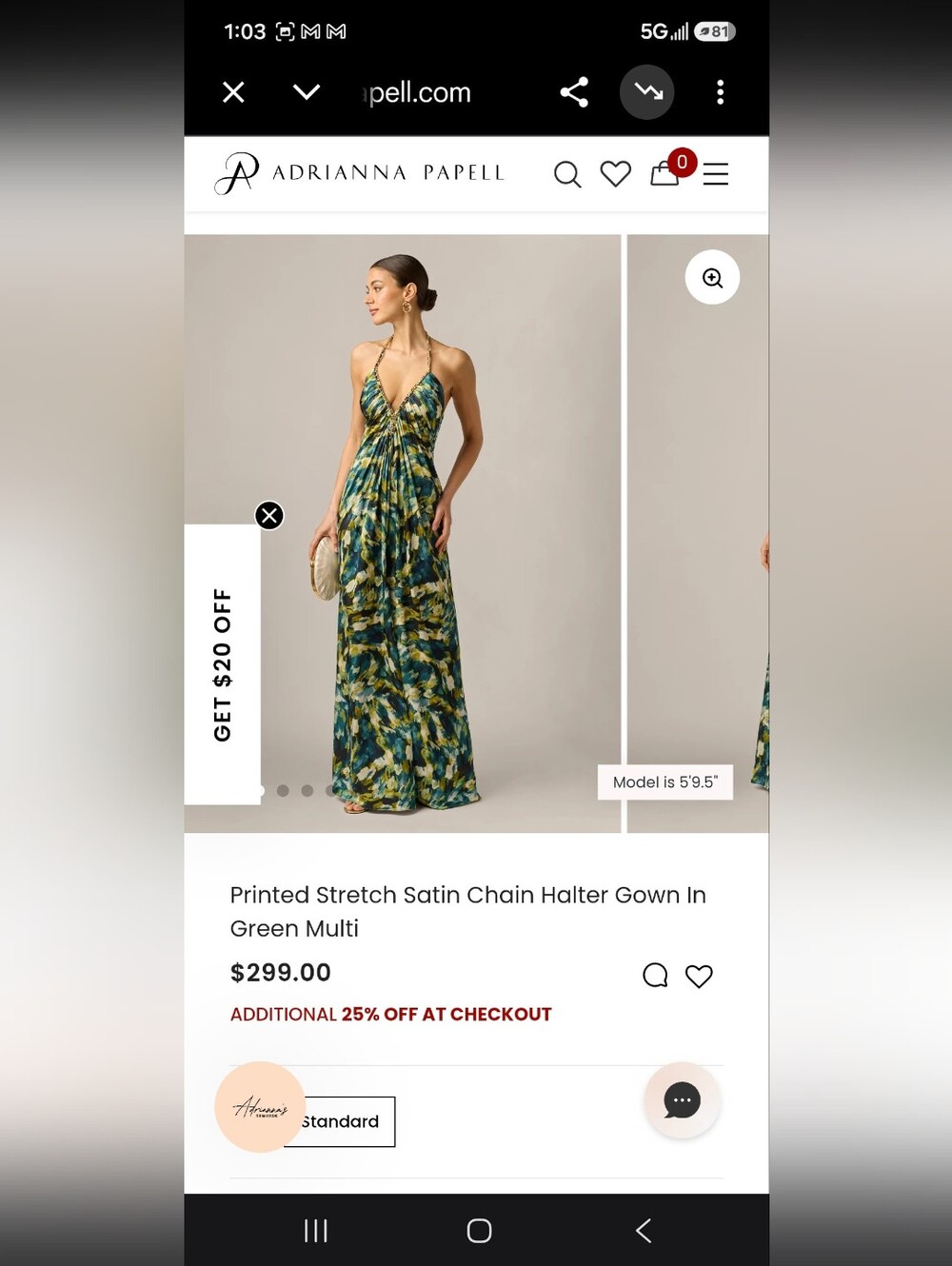 Adrianna Papell Printed Stretch Satin Chain Halter Gown Green Multi Color $299